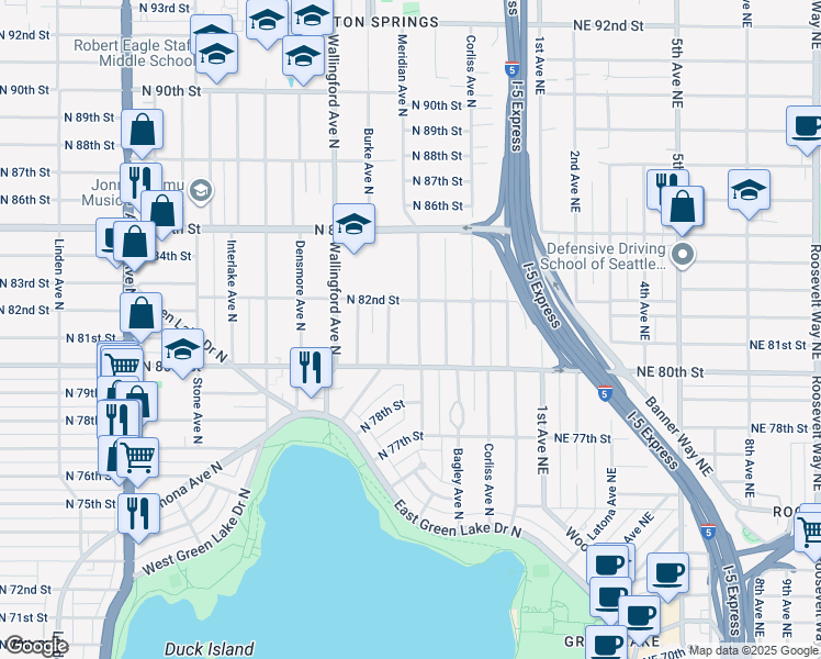 map of restaurants, bars, coffee shops, grocery stores, and more near 8036 Stroud Avenue North in Seattle