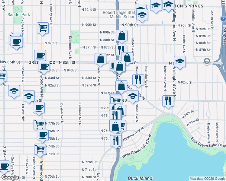map of restaurants, bars, coffee shops, grocery stores, and more near 8110 Aurora Avenue North in Seattle