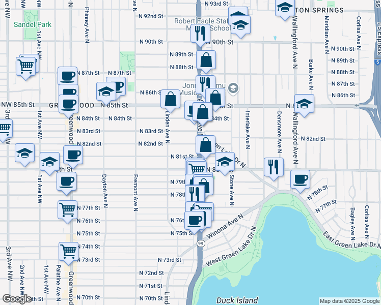 map of restaurants, bars, coffee shops, grocery stores, and more near 926 North 81st Street in Seattle