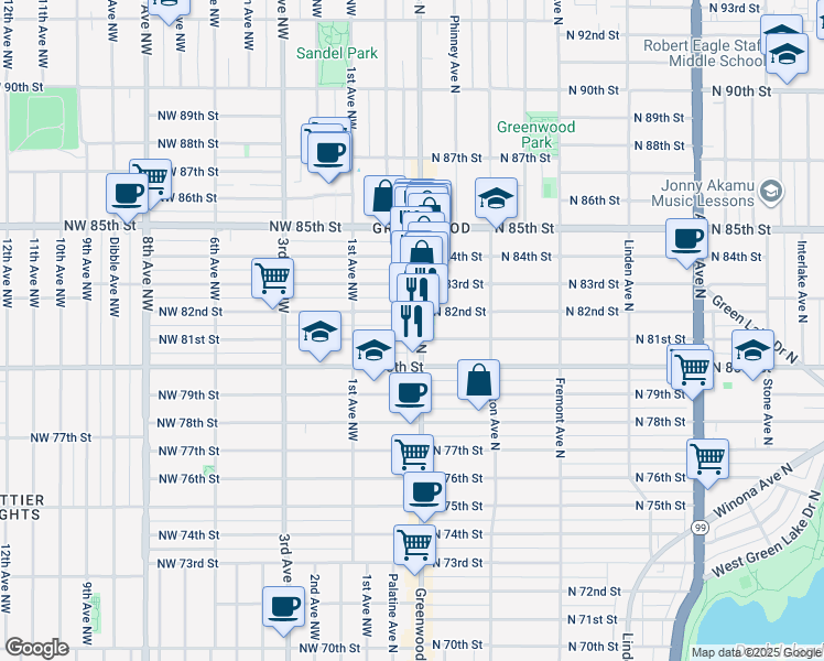 map of restaurants, bars, coffee shops, grocery stores, and more near 8104 Greenwood Avenue North in Seattle