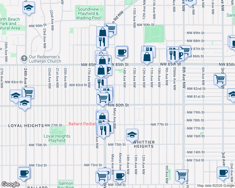 map of restaurants, bars, coffee shops, grocery stores, and more near 8035 14th Avenue Northwest in Seattle