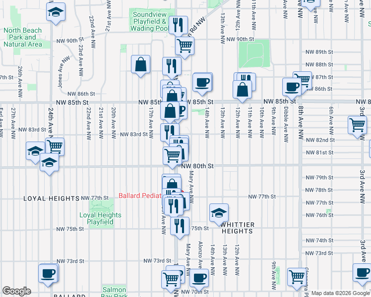 map of restaurants, bars, coffee shops, grocery stores, and more near 8035 Mary Avenue Northwest in Seattle