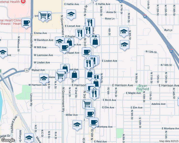 map of restaurants, bars, coffee shops, grocery stores, and more near 303 East Spokane Avenue in Coeur d'Alene