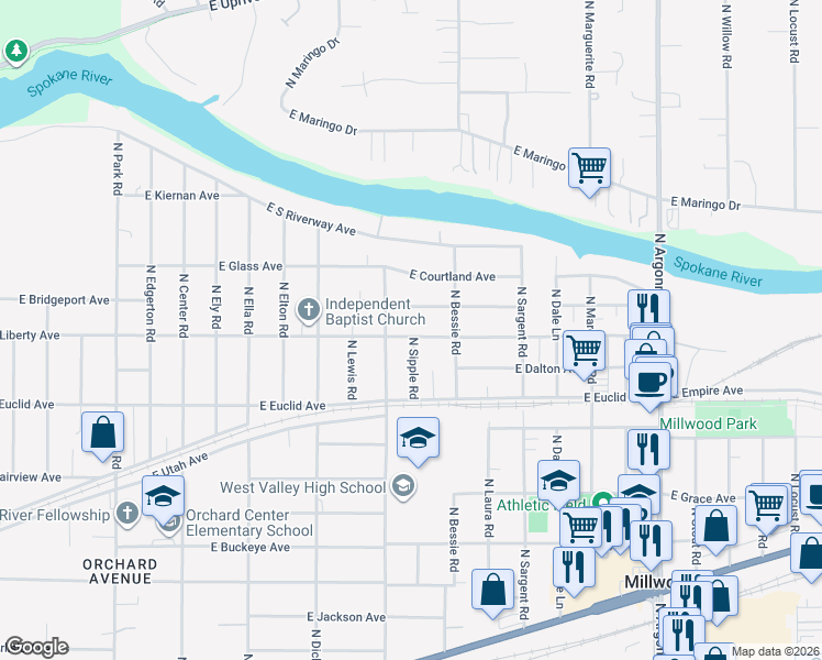 map of restaurants, bars, coffee shops, grocery stores, and more near 8319 East Liberty Avenue in Millwood