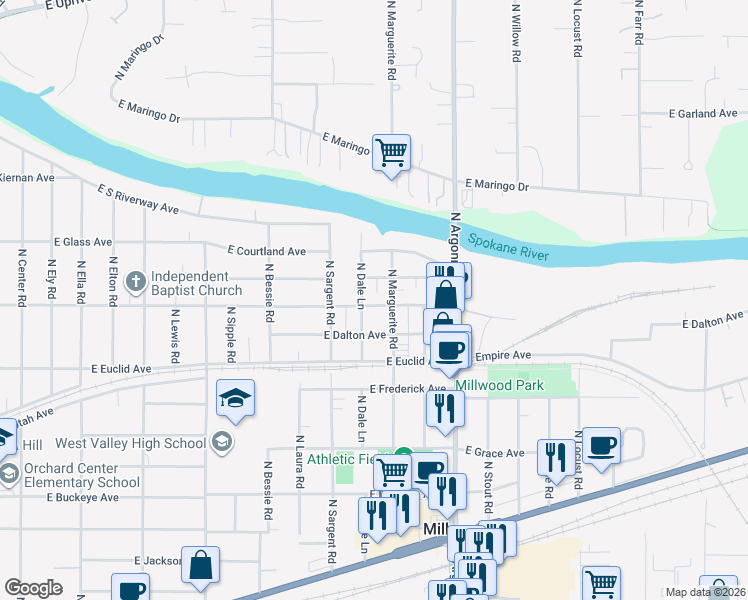 map of restaurants, bars, coffee shops, grocery stores, and more near 8801 East Liberty Avenue in Millwood