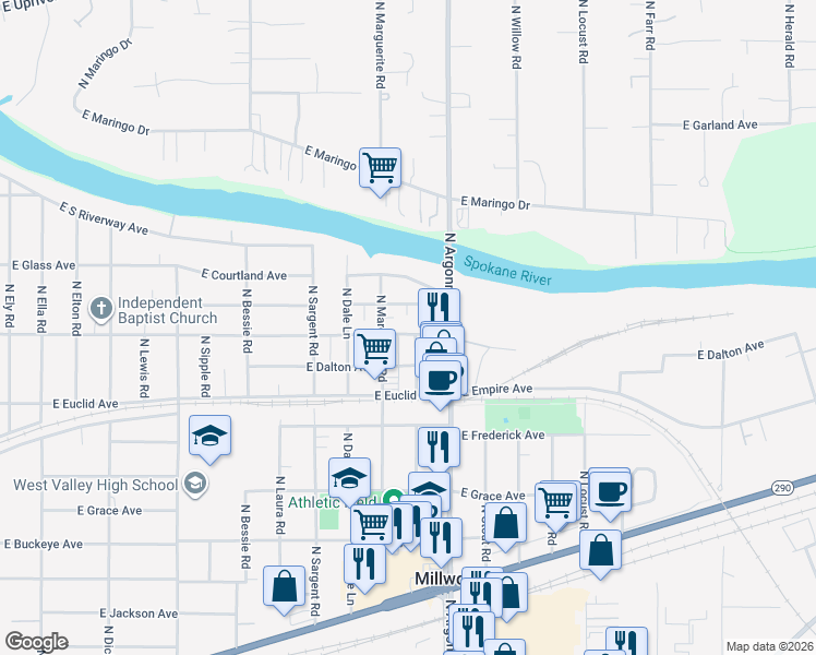 map of restaurants, bars, coffee shops, grocery stores, and more near 8905 East Liberty Avenue in Millwood