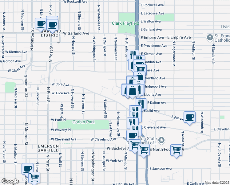 map of restaurants, bars, coffee shops, grocery stores, and more near 139 West Gray Court in Spokane