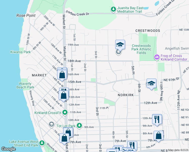 map of restaurants, bars, coffee shops, grocery stores, and more near 1525 3rd Street in Kirkland
