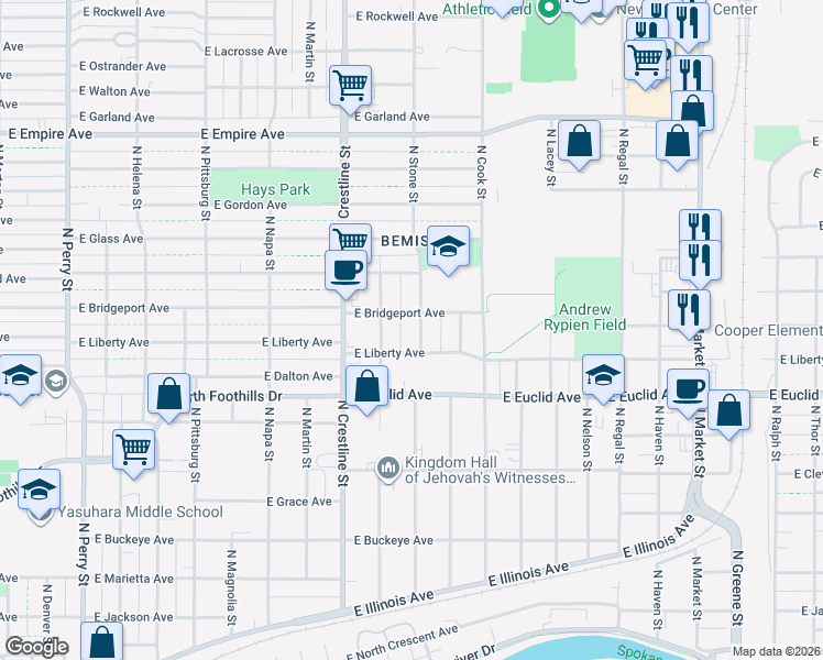 map of restaurants, bars, coffee shops, grocery stores, and more near 3317 North Stone Street in Spokane