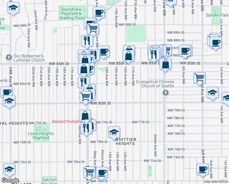 map of restaurants, bars, coffee shops, grocery stores, and more near 8035 13th Avenue Northwest in Seattle