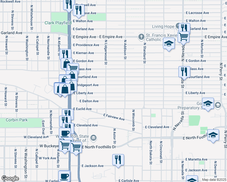 map of restaurants, bars, coffee shops, grocery stores, and more near 323 Liberty Avenue in Spokane