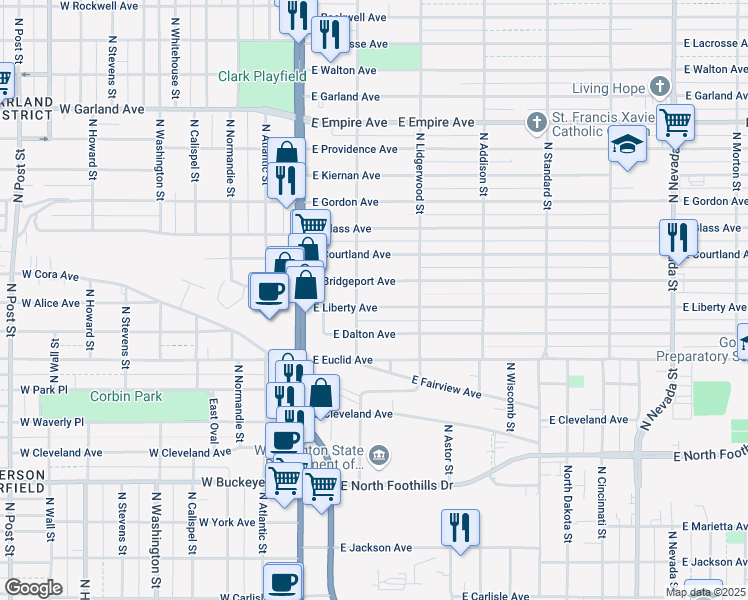 map of restaurants, bars, coffee shops, grocery stores, and more near 115 Liberty Avenue in Spokane