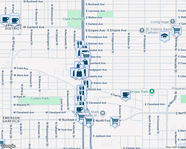 map of restaurants, bars, coffee shops, grocery stores, and more near 39 Liberty Avenue in Spokane