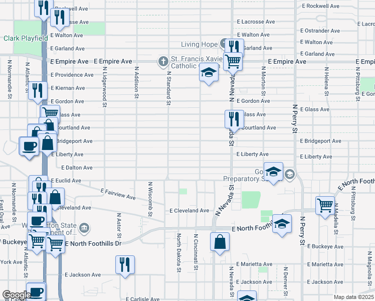map of restaurants, bars, coffee shops, grocery stores, and more near 707 East Liberty Avenue in Spokane