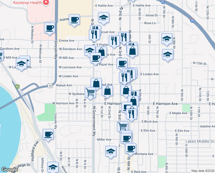 map of restaurants, bars, coffee shops, grocery stores, and more near 1320 North 1st Street in Coeur d'Alene