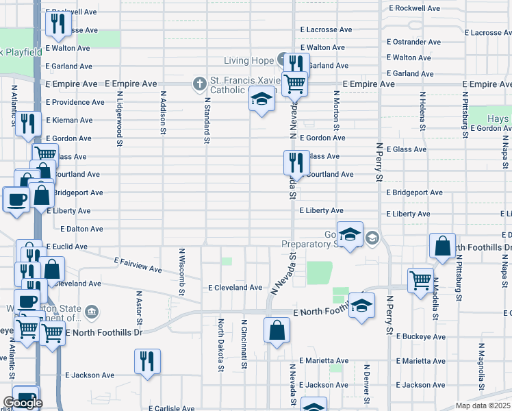 map of restaurants, bars, coffee shops, grocery stores, and more near 807 Liberty Avenue in Spokane