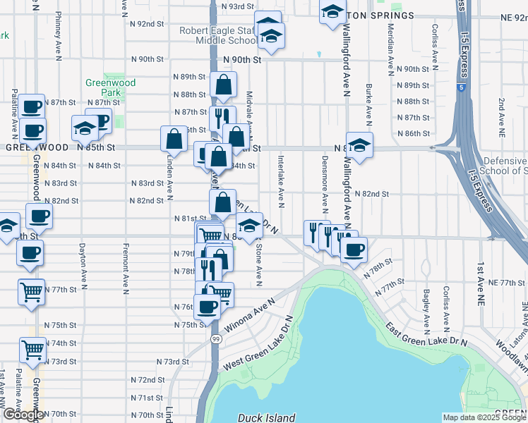 map of restaurants, bars, coffee shops, grocery stores, and more near 8106 Stone Avenue North in Seattle