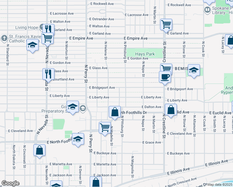 map of restaurants, bars, coffee shops, grocery stores, and more near 3303 North Madelia Street in Spokane