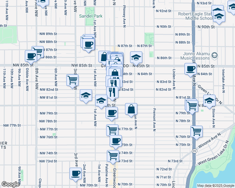 map of restaurants, bars, coffee shops, grocery stores, and more near 8104 Greenwood Avenue North in Seattle