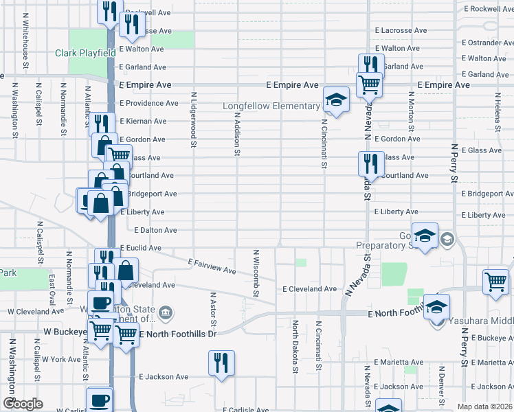 map of restaurants, bars, coffee shops, grocery stores, and more near 527 Liberty Avenue in Spokane