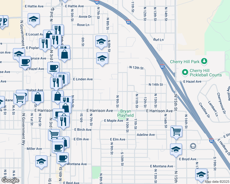 map of restaurants, bars, coffee shops, grocery stores, and more near 1371 N 9th St in Coeur d'Alene