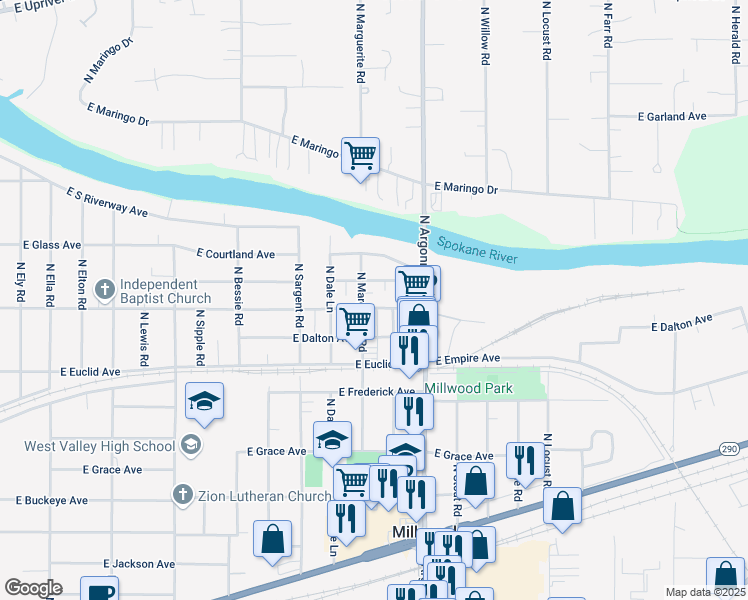 map of restaurants, bars, coffee shops, grocery stores, and more near 8905 East Liberty Avenue in Millwood
