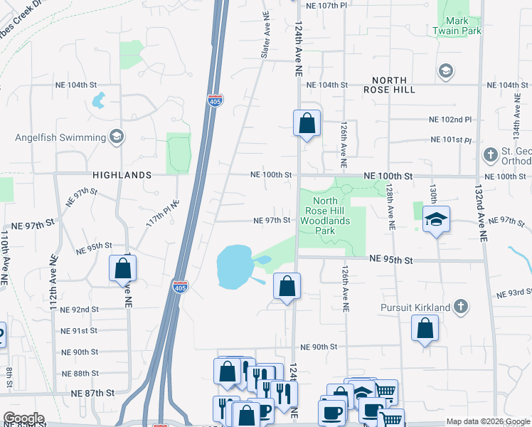 map of restaurants, bars, coffee shops, grocery stores, and more near 12216 Northeast 97th Street in Kirkland