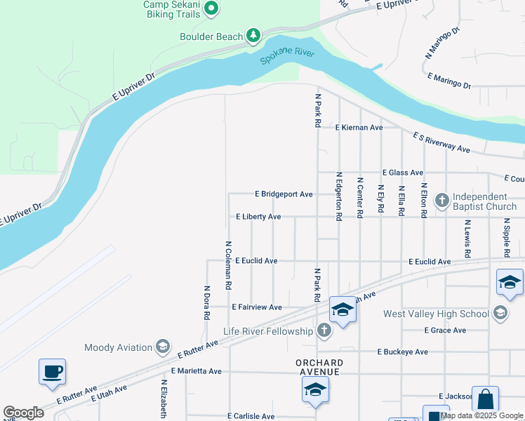 map of restaurants, bars, coffee shops, grocery stores, and more near 7213 East Liberty Avenue in Spokane Valley