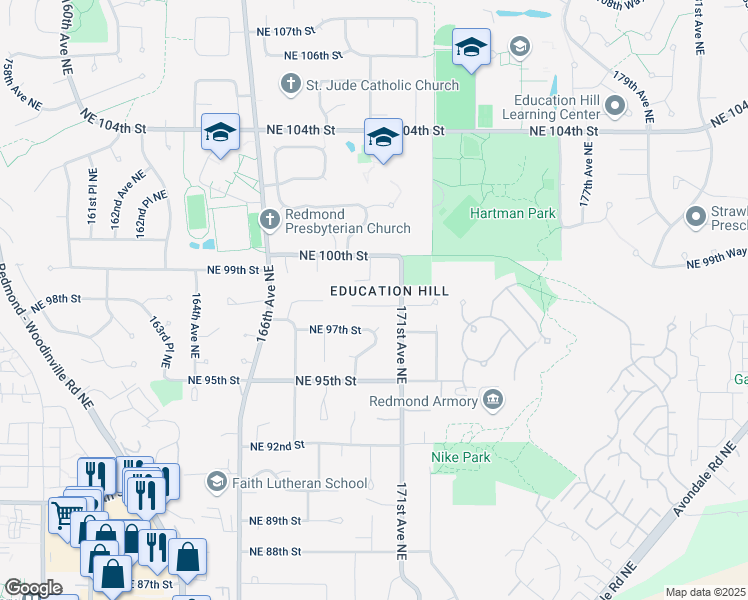 map of restaurants, bars, coffee shops, grocery stores, and more near 17002 Northeast 98th Court in Redmond
