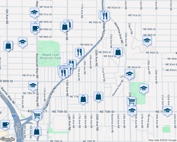 map of restaurants, bars, coffee shops, grocery stores, and more near 8044 18th Avenue Northeast in Seattle