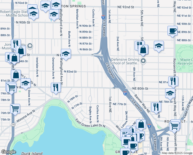 map of restaurants, bars, coffee shops, grocery stores, and more near 8041 Corliss Avenue North in Seattle
