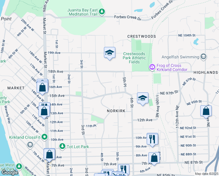 map of restaurants, bars, coffee shops, grocery stores, and more near 1520 4th Street in Kirkland