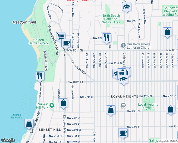 map of restaurants, bars, coffee shops, grocery stores, and more near 8042 29th Avenue Northwest in Seattle