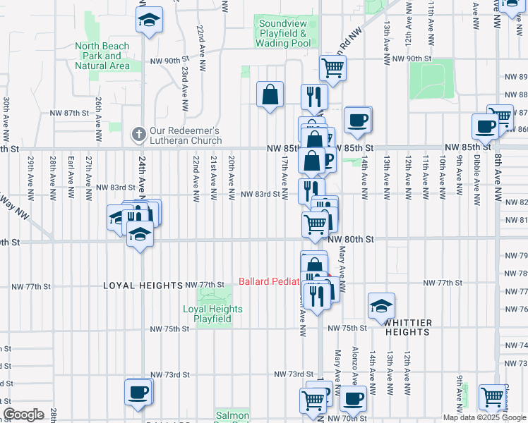 map of restaurants, bars, coffee shops, grocery stores, and more near 8037 18th Avenue Northwest in Seattle
