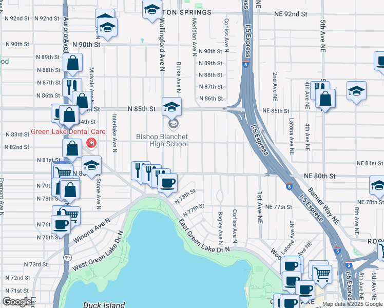 map of restaurants, bars, coffee shops, grocery stores, and more near 8036 Stroud Avenue North in Seattle