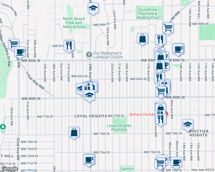 map of restaurants, bars, coffee shops, grocery stores, and more near 8040 23rd Avenue Northwest in Seattle