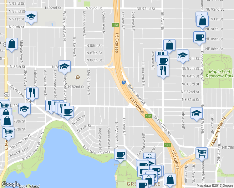 map of restaurants, bars, coffee shops, grocery stores, and more near 8036 Sunnyside Avenue North in Seattle