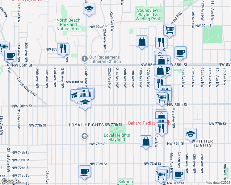 map of restaurants, bars, coffee shops, grocery stores, and more near 8037 21st Avenue Northwest in Seattle