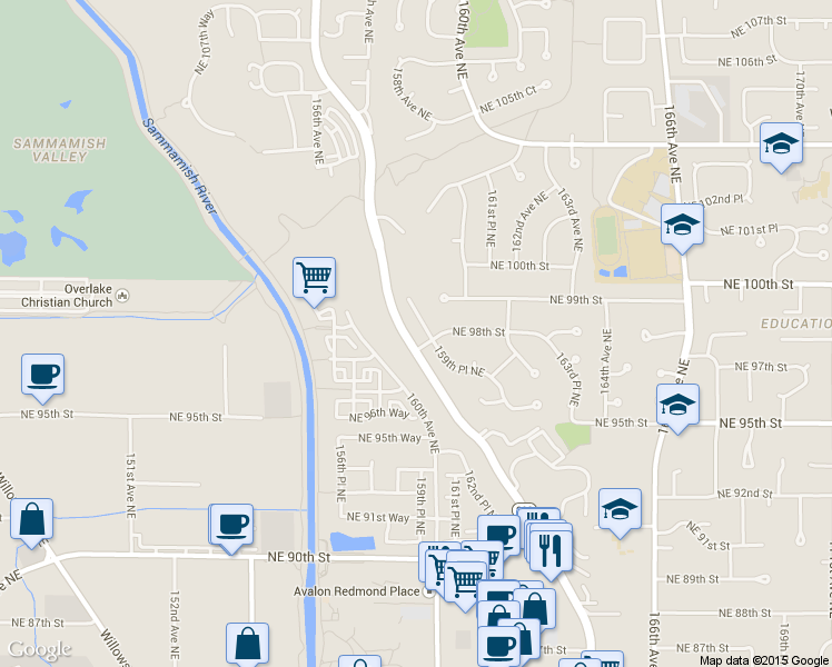 map of restaurants, bars, coffee shops, grocery stores, and more near 9809 159th Place Northeast in Redmond