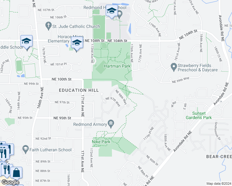map of restaurants, bars, coffee shops, grocery stores, and more near 17449 Northeast 98th Way in Redmond