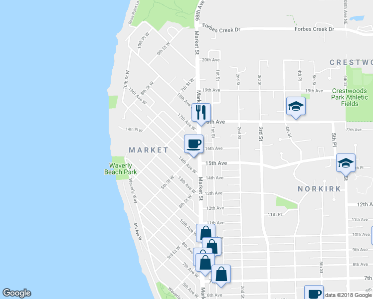 map of restaurants, bars, coffee shops, grocery stores, and more near 521 16th Avenue West in Kirkland