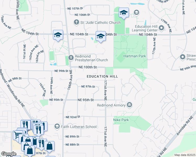 map of restaurants, bars, coffee shops, grocery stores, and more near 17002 Northeast 98th Court in Redmond