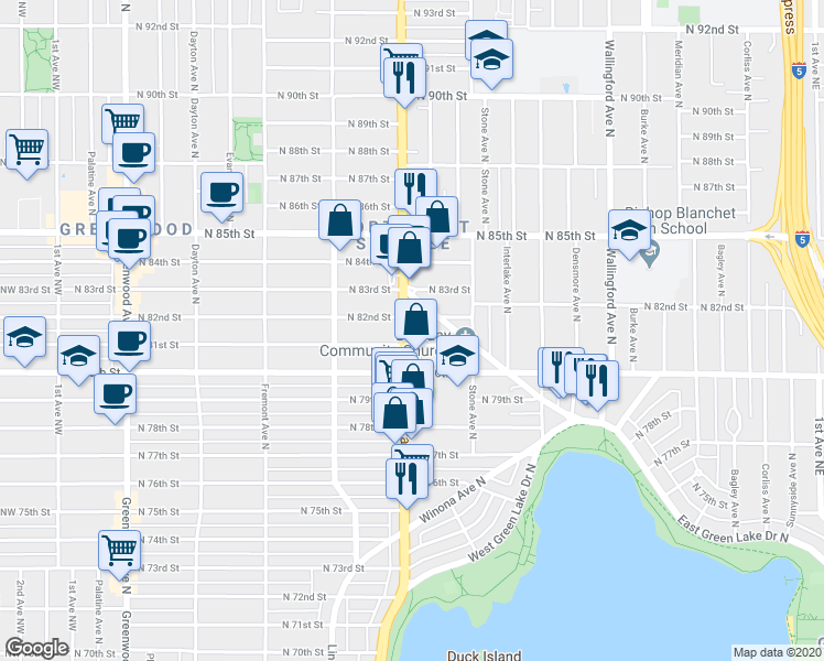 map of restaurants, bars, coffee shops, grocery stores, and more near 8110 Aurora Avenue North in Seattle