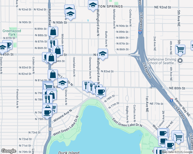 map of restaurants, bars, coffee shops, grocery stores, and more near 8037 Wallingford Avenue North in Seattle