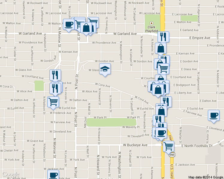 map of restaurants, bars, coffee shops, grocery stores, and more near 428 W Alice Ave in Spokane