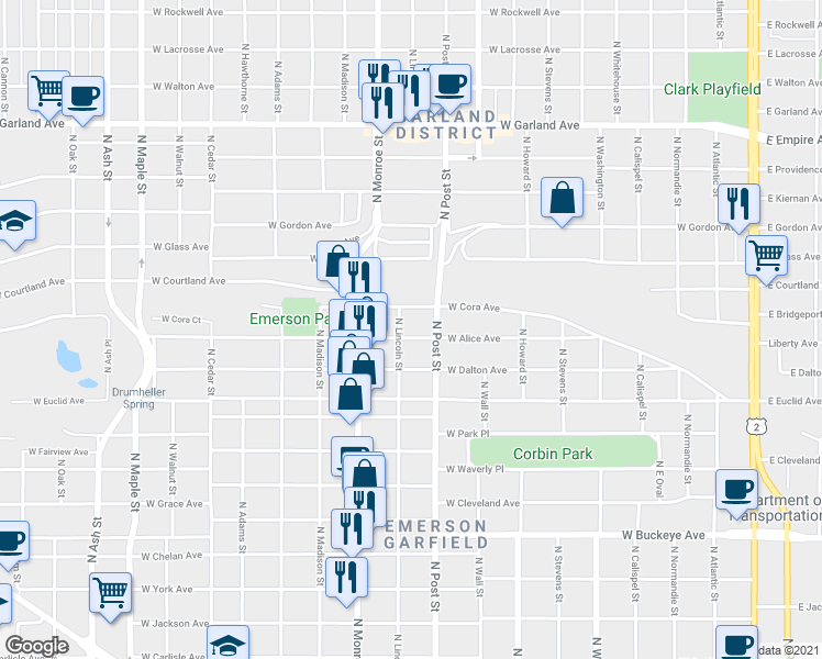 map of restaurants, bars, coffee shops, grocery stores, and more near 3304 North Lincoln Street in Spokane