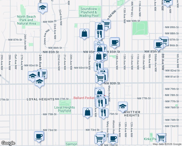 map of restaurants, bars, coffee shops, grocery stores, and more near 8039 17th Avenue Northwest in Seattle