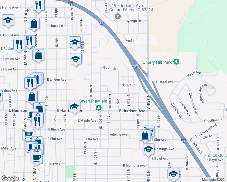 map of restaurants, bars, coffee shops, grocery stores, and more near 1109 East Walnut Avenue in Coeur d'Alene