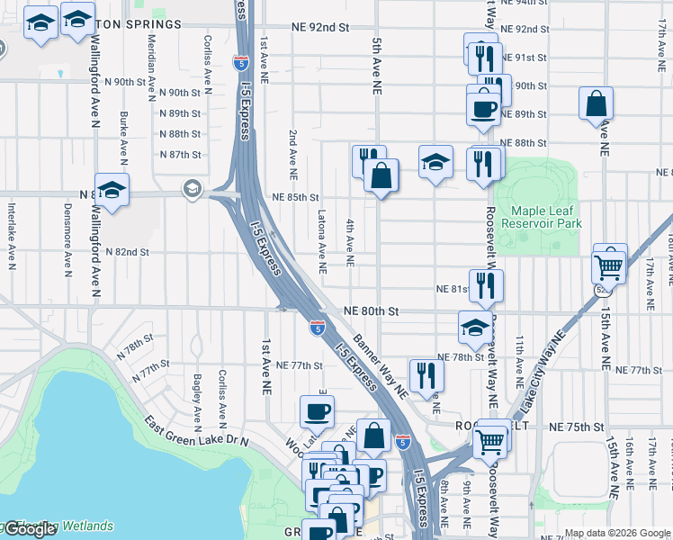 map of restaurants, bars, coffee shops, grocery stores, and more near 311 Northeast 82nd Street in Seattle