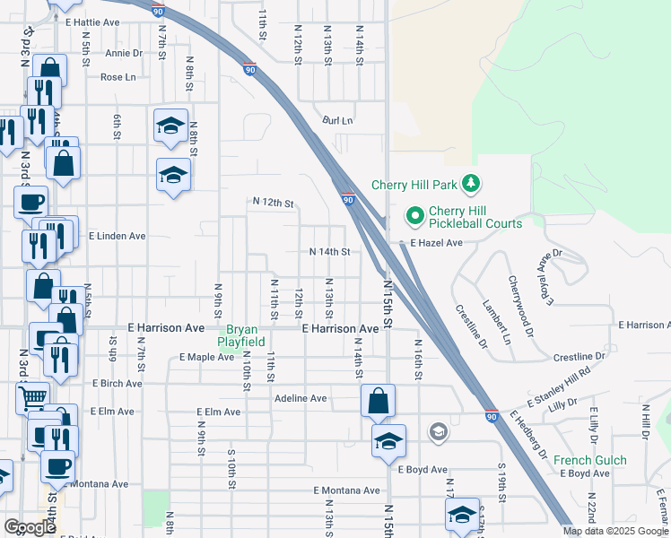 map of restaurants, bars, coffee shops, grocery stores, and more near 1406 North 13th Street in Coeur d'Alene
